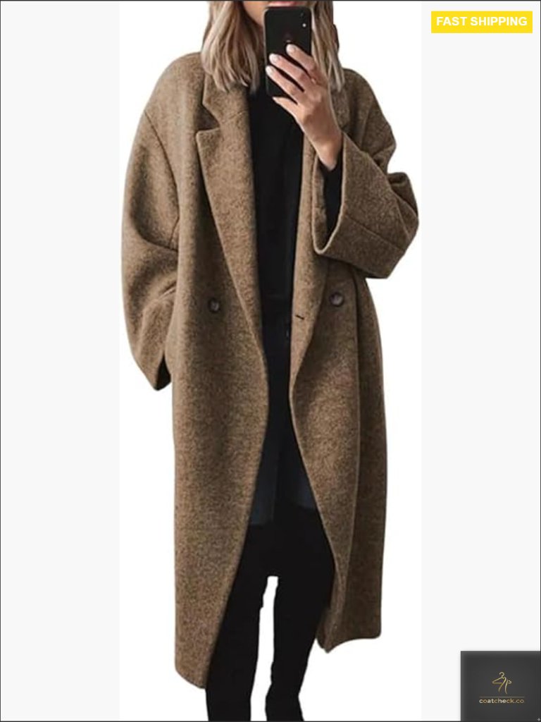Double Breasted Pea Coat Wool Blend Notch Lapel Long Sleeve Casual Trench